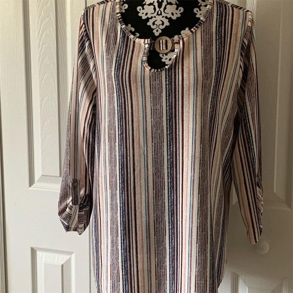Cure Womens XL Multicolor Striped 3/4 Sleeve Blouse Round Neck Ring Detail Top